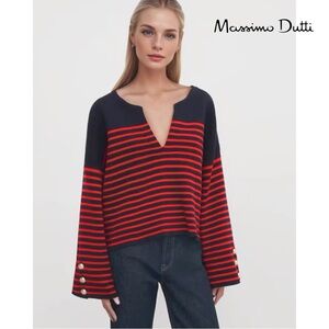 Massimo Dutti Navy and Red Striped Sweater